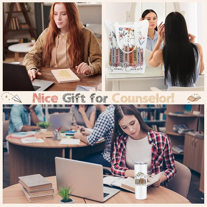 Fuutreo 3 Pcs School Counselor Must Have Appreciation Gift for Women Include 20 oz Stainless Steel Tumbler Cup Canvas Tote Bag Leather Journal Thank You Gifts for Educator Teacher, School Counselor
