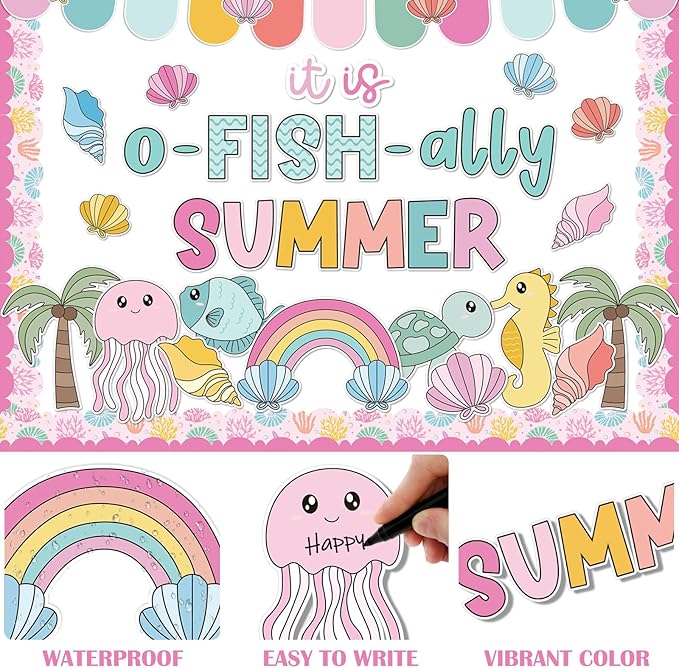 AnyDesign 80 Pcs Summer Ocean Sea Bulletin Board Decoration Cartoon Marine Animal Fish Paper Cutouts with 150 Pcs Glue Points for Tropical Party Classroom Wall Decor