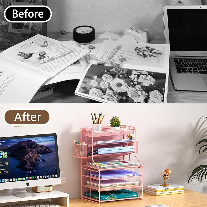 Pink 7 Tier Desk File Organizer, Letter Tray Paper Organizer with Pen Holder and Metal Hanging Basket, Adjustable Vertical Desk Organizer for Office Desk Accessories