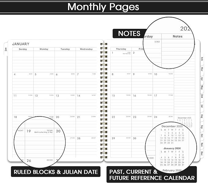 2026 Planner - Calendar/Planner 2026 Weekly and Monthly with Tabs, 8" x 10", Jan. 2026 - Dec. 2026, Flexible Cover + Twin-Wire Binding + Calendars, Daily Organizer - Black