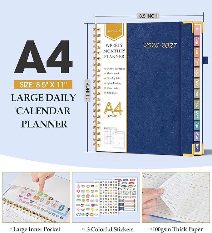 Academic Planner 2026-2027, Hardcover Leather Weekly and Monthly Calendar Planner from July 2026 - June 2027, A4 8.5" x 11" Daily Agenda with Tabs, College School Organizer for Student Teacher, Night Sky Blue