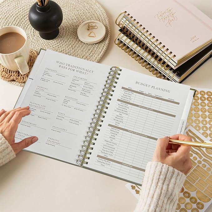Wedding Planner Book and Organizer for Bride - Elegant Linen Cover Wedding Planning Binder with Checklists,Pockets & Calendars,Perfect Engagement Gifts for Couples(Apricot)