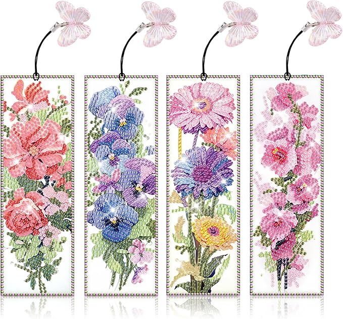 4pcs Flower Diamond Art Bookmarks Kit Floral Diamond Bookmarks for Adults 5D DIY Diamond Art Kit for Spring Reading Lover Book Lover Students DIY Gem Crafts Supplies Gift