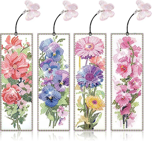 4pcs Flower Diamond Art Bookmarks Kit Floral Diamond Bookmarks for Adults 5D DIY Diamond Art Kit for Spring Reading Lover Book Lover Students DIY Gem Crafts Supplies Gift