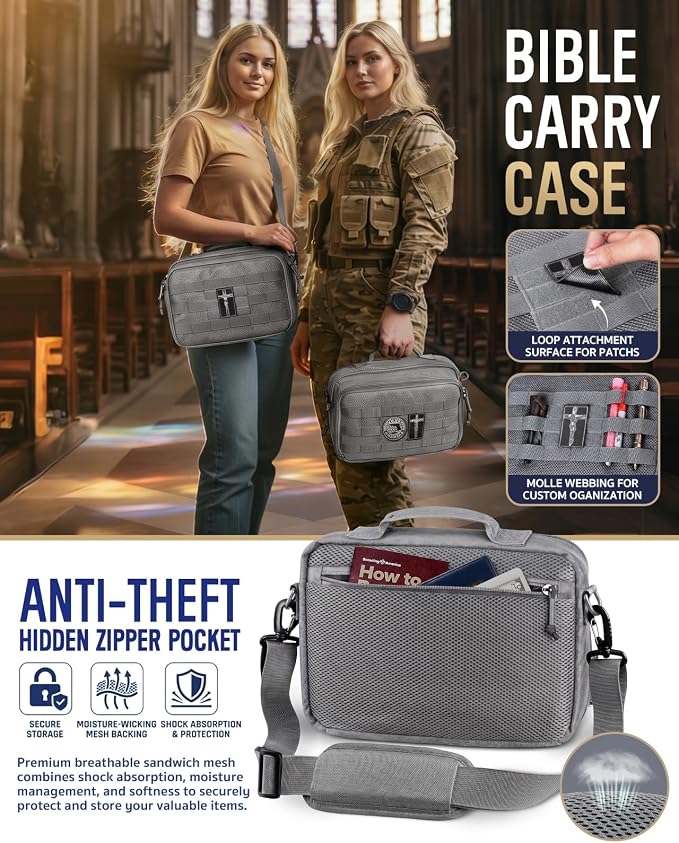 RXW Large Bible Cover Bag for Men Women, Tactical Bible Carrying Case Fully Padded of Double Layer Design, Utility Church Bag Organizer with Shoulder Strap for Tablet Art EDC, Christian Gifts for Mom