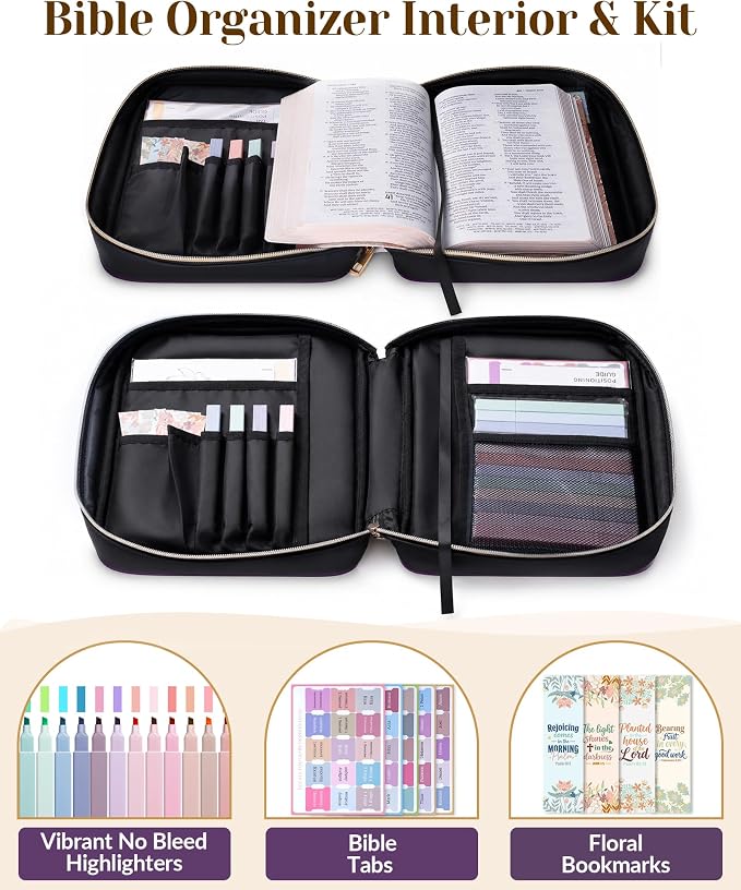 XKDOUS Quilted Leather Bible Cover Case for Women, Zippered Bible Carrying Bag with Study Supplies and Accessories, Waterproof Bible Organizer Holder for Church and Daily Use (Purple & Black)