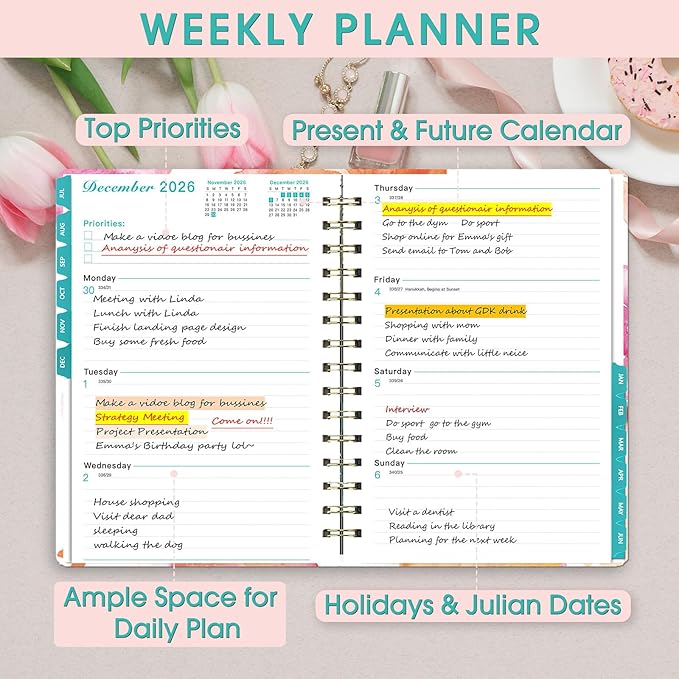 Planner 2026-2027, Academic Year Planner - Daily, Weekly & Monthly Calendar, Jul 2026 - Jun 2027, 6.3" x 8.5", Spiral Notebook with Tabs, Stickers & Inner Pocket, Ideal for School, Office, Home