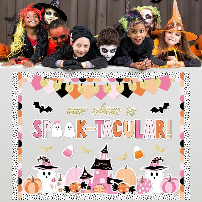 JarThenaAMCS 98 Pcs Halloween Ghost Bulletin Board Decorations Halloween Classroom Decoration Pink Cute Boo Pumpkin Bat Castle Cutouts with 150 Pcs Glue Points for School Library Wall Door Decor