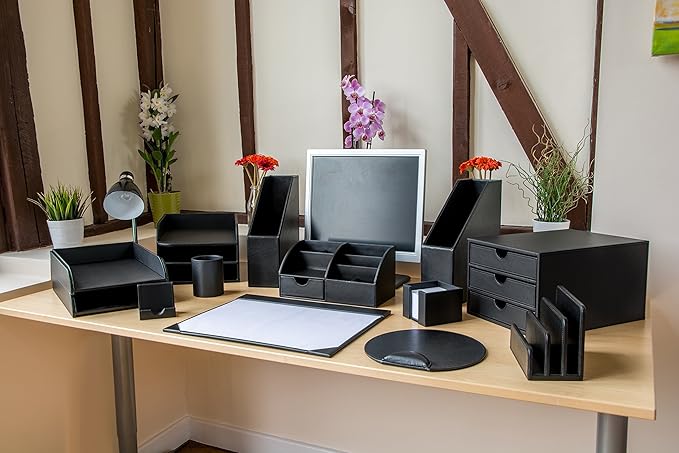 Osco Black Faux Leather Pen Pot, Desk Tidy Pencil Holder, Office Organiser, Makeup Brush Holder, Stationery Storage, Cosmetics Display, Home Office Accessories, Compact Desk Organiser