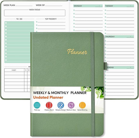 Undated Weekly and Monthly Planner, Hardcover Leather Calendar Blank Planner, Simplified To Do List Notebook with Goal & Habit Tracker Organizer, A5 Daily Weekly Planner for Work School Home, Green