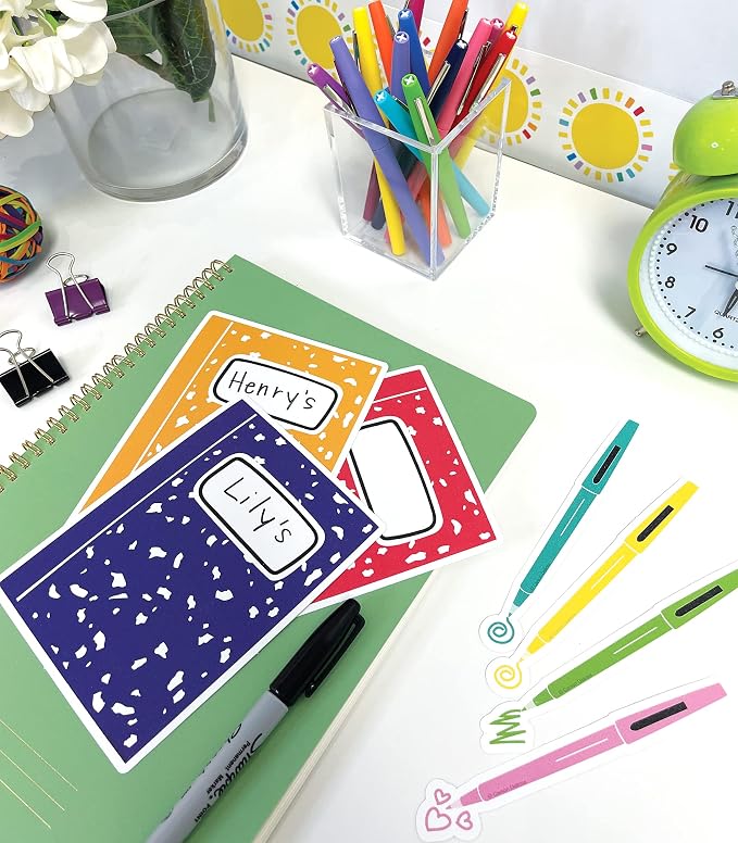 Carson Dellosa Happy Place 36 Piece Notebook and Pen Bulletin Board Cutouts, Colorful Notebooks and Pens Bulletin Board Decorations, Happy Place Classroom Décor (Pack of 2)