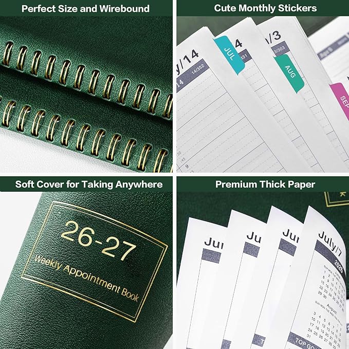 Appointment Book 2026-2027 - Daily Hourly Planner 2026-2027, JUL 2026 - JUN 2027, 9"x 11", 26-27 Planner Weekly and Monthly, Appointment Planner 26, 15-Minute Interval, Flexible Cover - Dark green