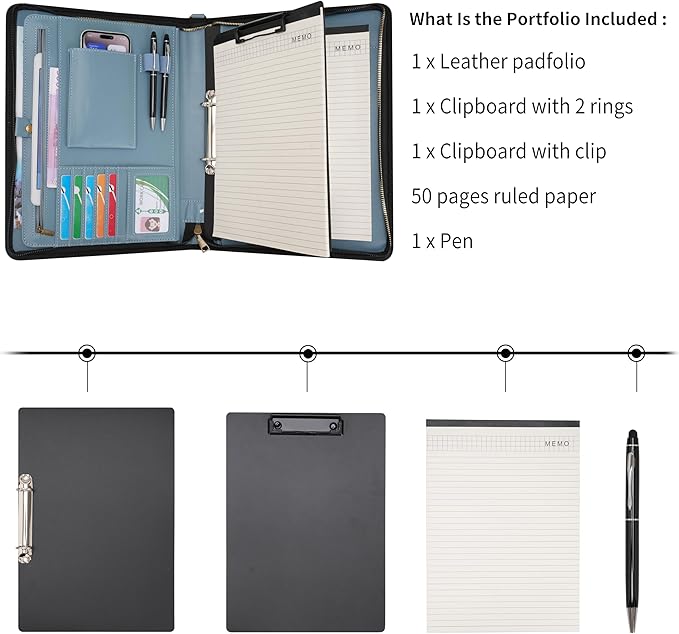 Wason A4 Portfolio with Zipper - Leather PU Padfolio with Detachable Ring Binder and Writing Notepad Holder, Conference File Multi-Pockets Organizer for Office Travel School (Misty Blue)