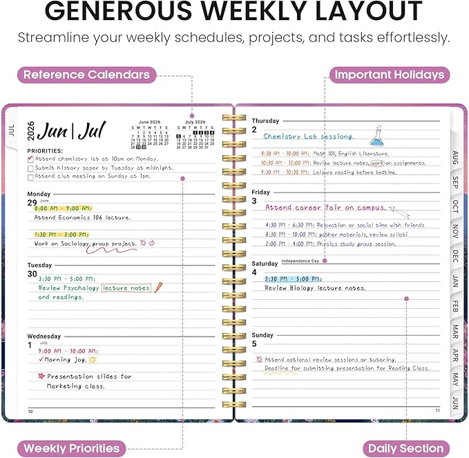 Planner 2026-2027, Academic Year Monthly and Weekly Calendar Planner, Jul 2026 - Jun 2027, Hardcover Teacher Student Planning Agenda book with Tabs, Perfect for School Office Supplies, 8.5" x 11" - Twilight Bloom