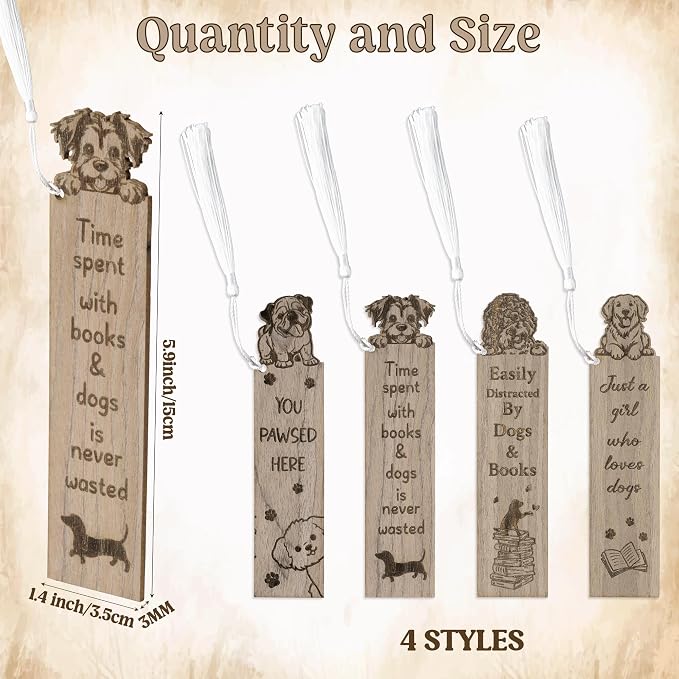 TICIAGA Wooden Dog Animal Bookmark - 4PCS Walnut Puppy Pet Bookmark Bulk with Tassel for Book Lover, Cute Dog Wooden Carving Book Mark Gift for Reading, Teacher Appreciation Gifts for Pet Lover