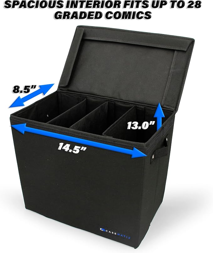 CASEMATIX Graded Comic Book Storage Case Fits up to 28 CGC Graded Comics, Lightweight Comic Book Bin with Three Removable Comic Book Box Partitions