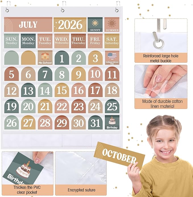 Sinload Classroom Calendar Pocket Chart Set Calendar Bulletin Board Set Seasons Festival Weather Pocket Chart for Classroom Decoration Back to School Supplies(Modern Boho 2,White)