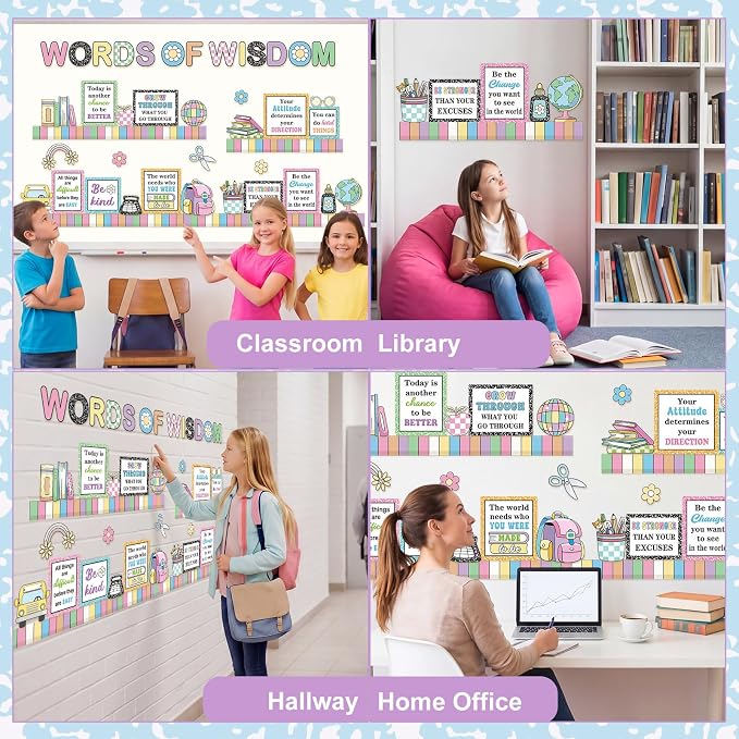 Qilery Words of Wisdom Bulletin Board Set Retro Groovy Classroom Decorations with Bookshelf Border Inspirational Quotes for School Library Reading Nook Pastel Macaron Teacher Supplies Back to School