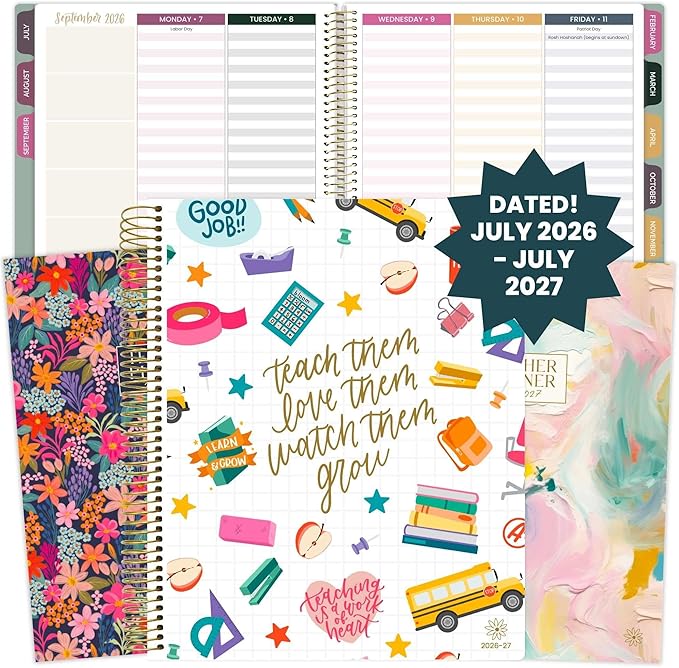 bloom daily planners 2026-2027 Academic Year Teacher Planner & Calendar - 7 Period Lesson Plan Organizer Book for Classroom or Homeschool - 9" x 11" (Interchangeable Cover) - Bold & Bright