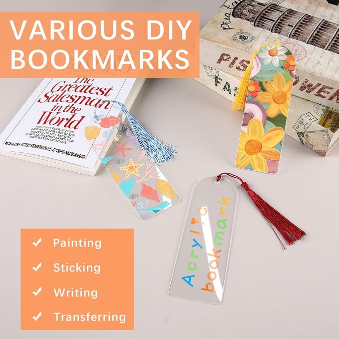 120 Pcs Clear Acrylic Bookmark Blanks 6" x 2", Transparent Semicircle Blank Acrylic Bookmarks Bulk 60pcs Plastic Book Page Markers with 60pcs Book Mark Tassels for DIY Crafting Projects and Gift Tags