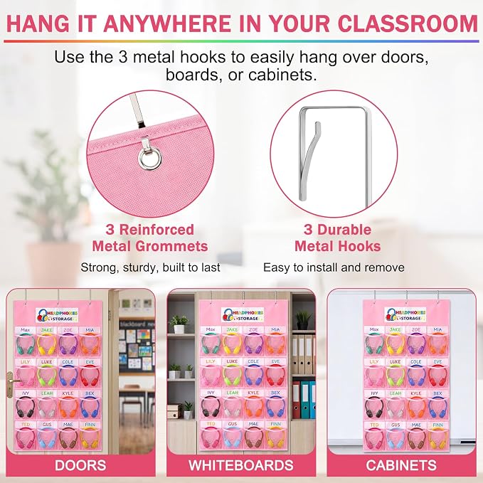 AmazingSpark 16 Pockets Classroom Headphone Storage Thickened Non-woven Fabric Mesh Pocket Chart Over The Door Hanging Cell Phone Organizer with Signed Card for Back to School Classroom Library, Pink