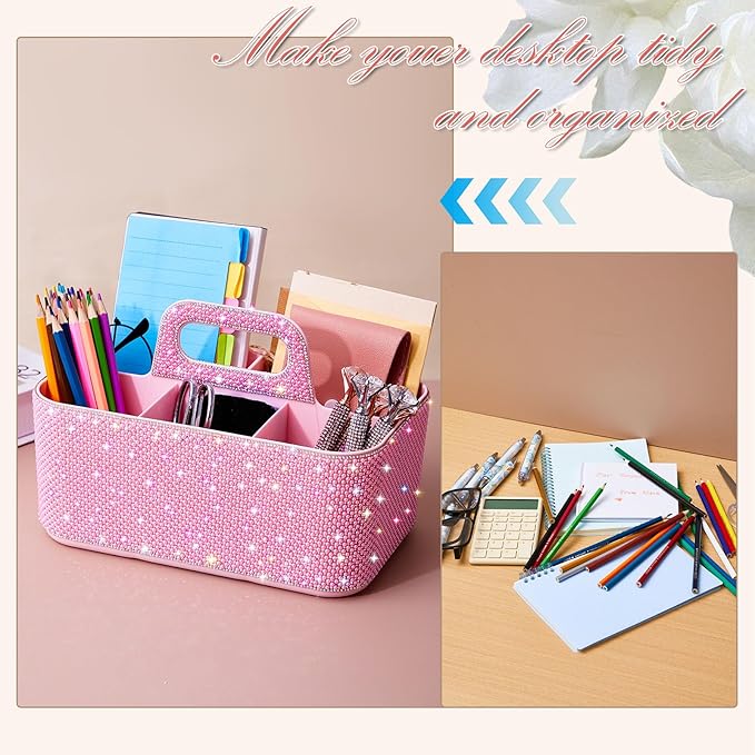 Marspark Bling Makeup Caddy Organizer with Handle, Sparkly Art Craft Holder, Glitter Bathroom Hair Caddy, Shimmer Pen Pencil Holder for Women Desk Organizer, Bling Gifts for Women(Pink,Pearl Diamond)