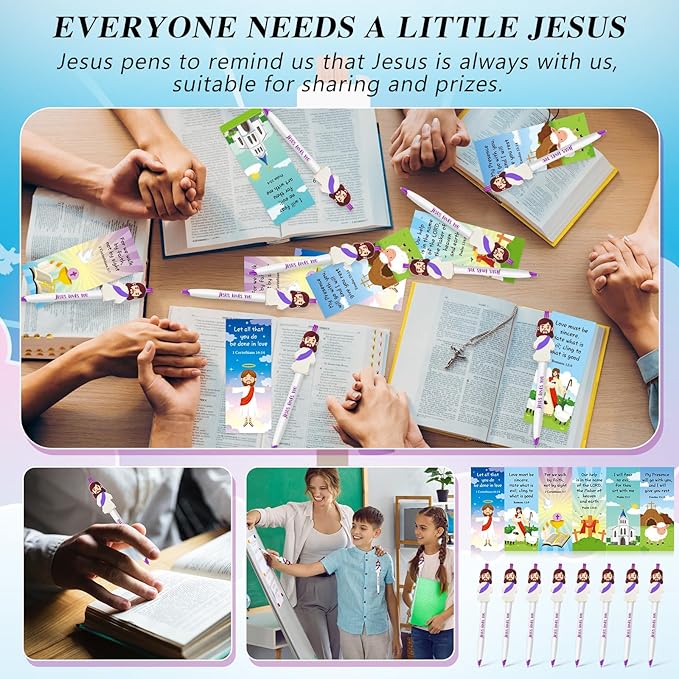 CroBlissful 48 Pcs Easter Pens Jesus Pens Bulk Christian Gift for Kid Jesus Loves You Sunday School Prize Religious Easter Gift Bible Verse Ballpoint Pen with Bookmarks for Catholic(Retro Style)