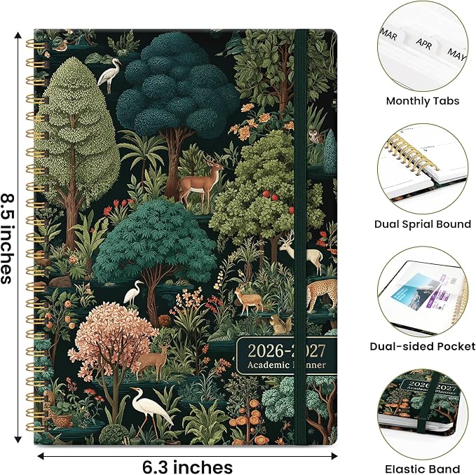 Planner 2026–2027, Academic Planner Weekly and Monthly Calendar Jul 2026 – Jun 2027 Hardcover Planner with Tabs and Pocket, Spiral Bound Agenda Book for Student & Teacher, 6.3" x 8.5", Enchanted Grove