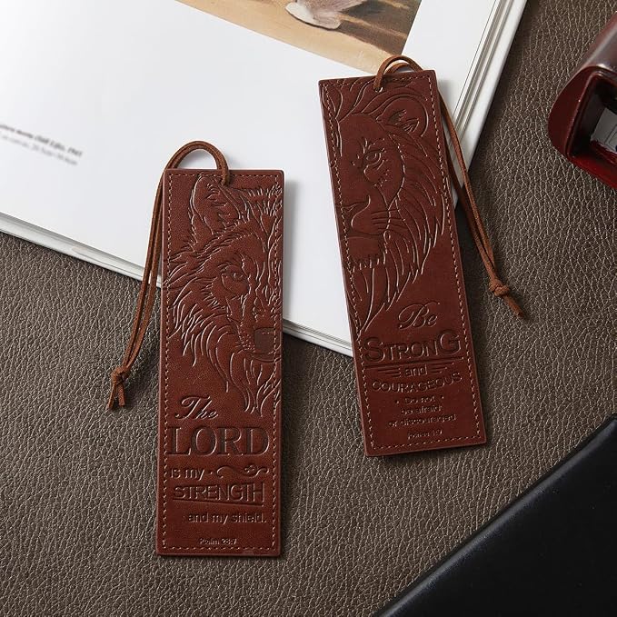 2 Pcs Wolf Lion Leather Bible Bookmark, Christian Bookmarks Gifts for Men Book Marks for Reading Men (Brown)
