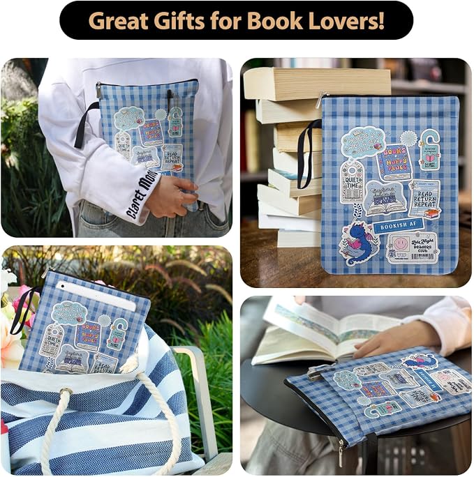 The Fourth Wing Blue Checkered Collage Style Book Covers for Book Lovers with Handle Pocket, Book Club Gifts for Chritsmas, Reading Accessories for Women Friends Reader Bookish