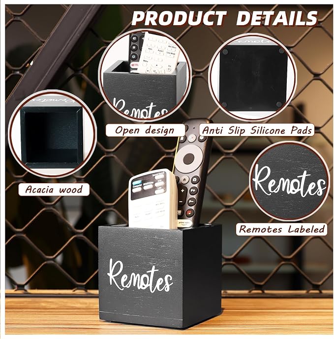 Remote Control Holder, Wooden TV Remote Holder for Table, Remote Organizer Caddy for Home Decor, Remote Box for Nightstand, Black Labeled "Remote", 1 Slot - 3.5 Inch
