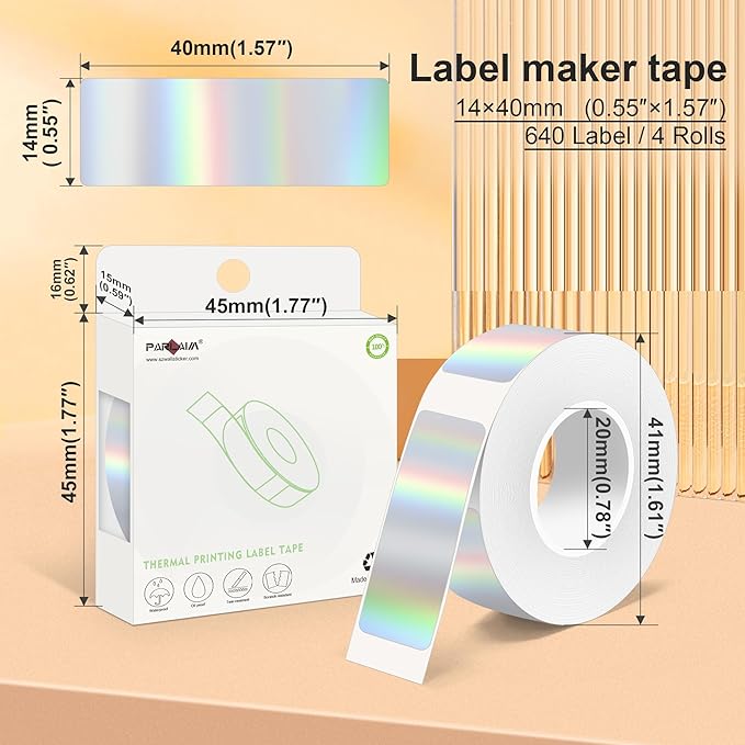 PARLAIM 14 X 40mm (0.55"x1.57") Tear-Resistant Thermal Label, 4 Rolls 640pcs OEM Label Tape Replacement Compatible with D30 Label Maker Perfect for Home/Office/School, Holographic Sliver