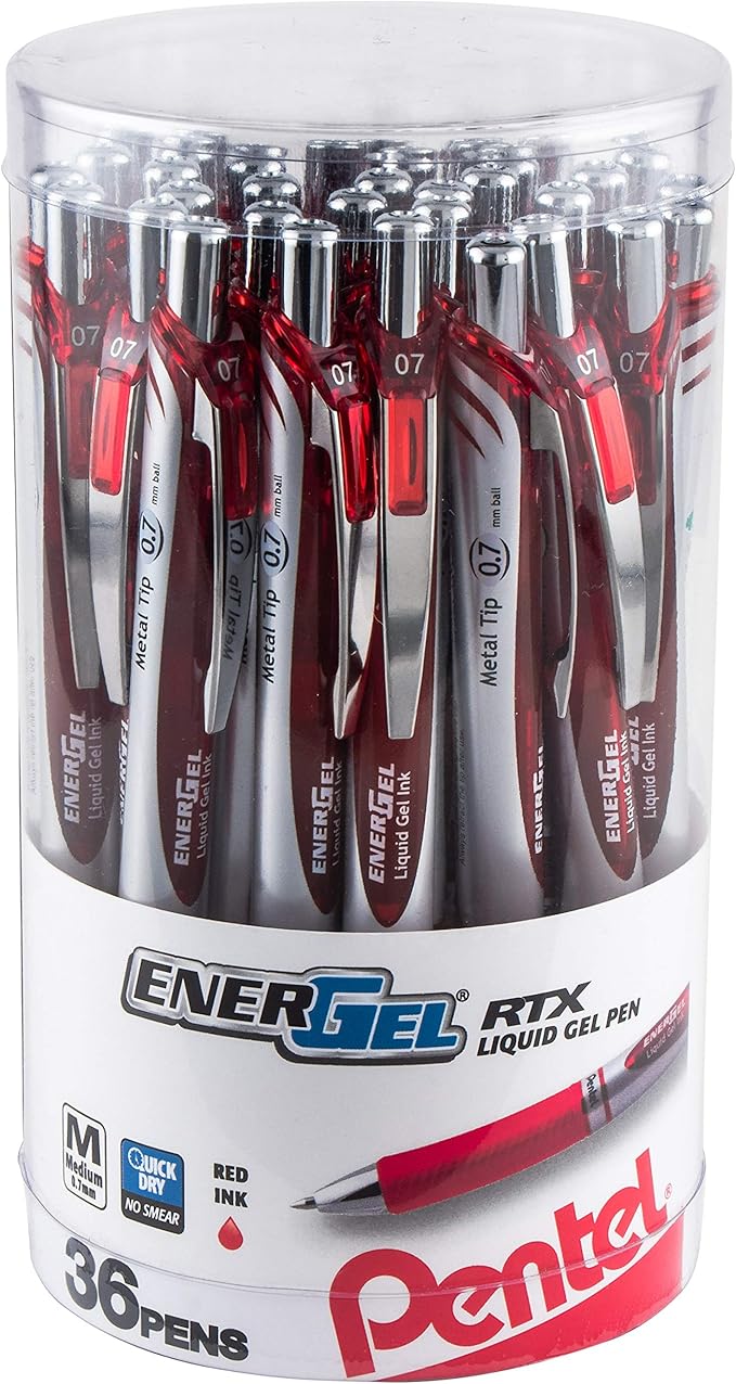 Pentel EnerGel RTX Retractable Liquid Gel Pen Canister, Red Ink (BL77PC36B) (Pack of 1, 36 Count Total)
