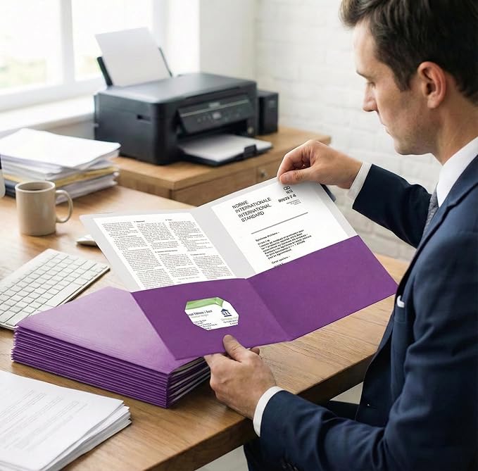 Zzrywuty 50 Packs Purple Paper Folders with Pockets for Students,Businessmen and Office Workers,Letter Size,Two Pocket Folders with Card Slot for Office,Business,School Supplies