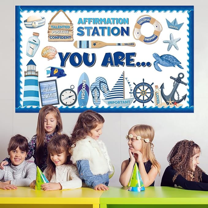 Nautical Themed Affirmation Station Bulletin Board Set Ocean Motivational Classroom Decorations Positive Sailor Paper Cutouts Under The Sea Bulletin Board Borders for School Office Wall Door Decor