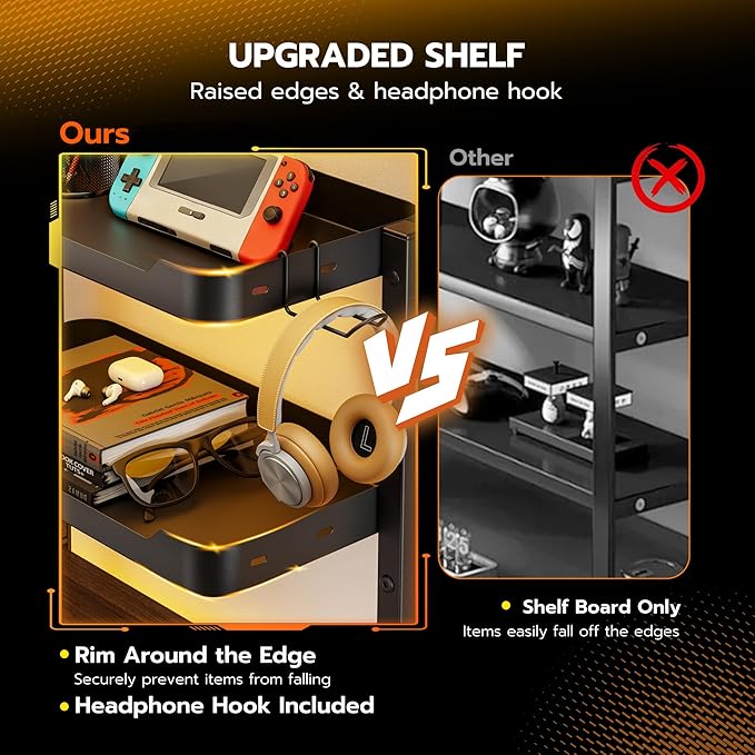 ARES WING 2-Tier Clamp On Desk Shelf, 16 inch Adjustable Above or Under Desk Storage Shelves Holds 66 lbs, Heavy Duty Desktop Organizer with Headphone Holder for Working and Gaming Accessories, Black