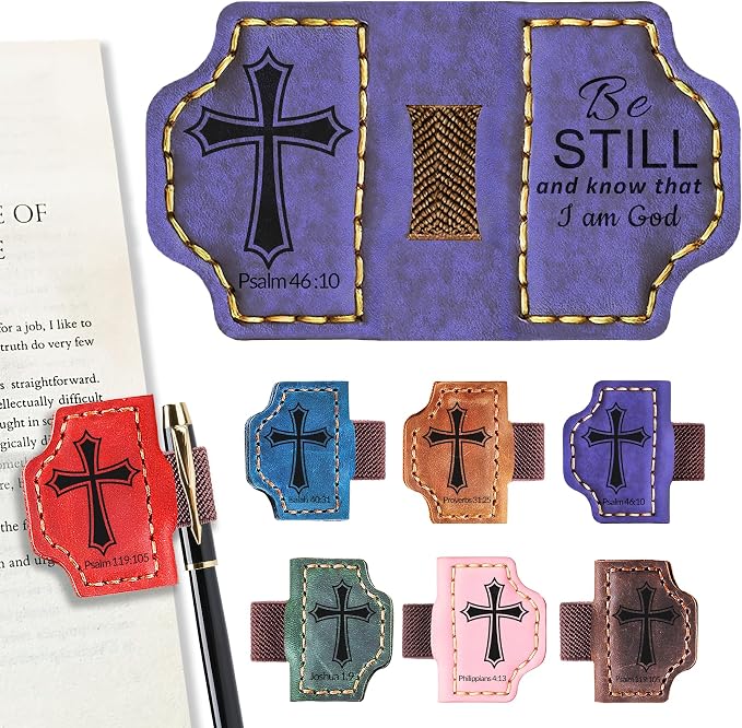 Personalized Magnetic Bookmark with Pen Holder, Bible Verse Scripture Design, Custom Leather Bookmark Bible Study Supplies for Women Men, Christian, Book Lovers Gifts (Purple, Psalm 46:10)