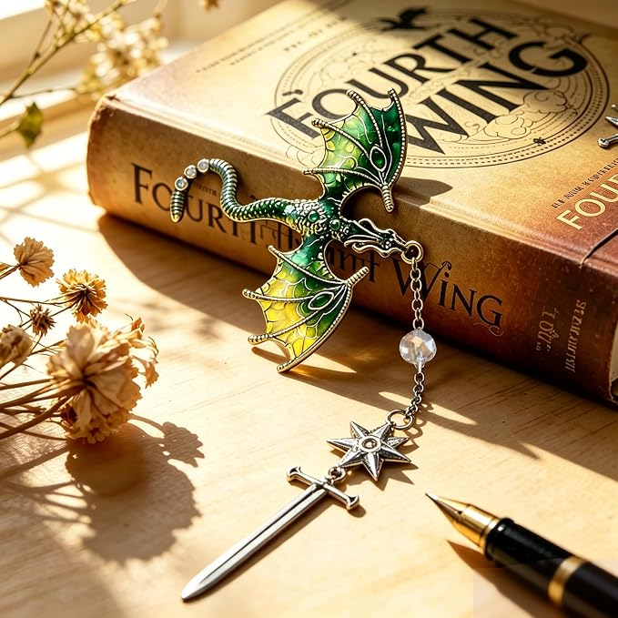 Vintage Green Dragon Bookmark with Sword and Fourth Wing Tassel Metal Pendant, Bookmarks for Reading Women, Men, Book Lovers, Teachers and Students, Christmas Birthday Gifts
