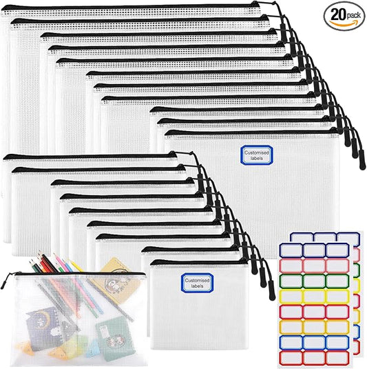 YOPCDJ 20pcs Multisize Mesh Zipper Pouch, Waterproof Bags for Office Supplies, 8 Sizes Waterproof Plastic Document Pouch, Bags for Travel Storage, Office Supply and Home Organize