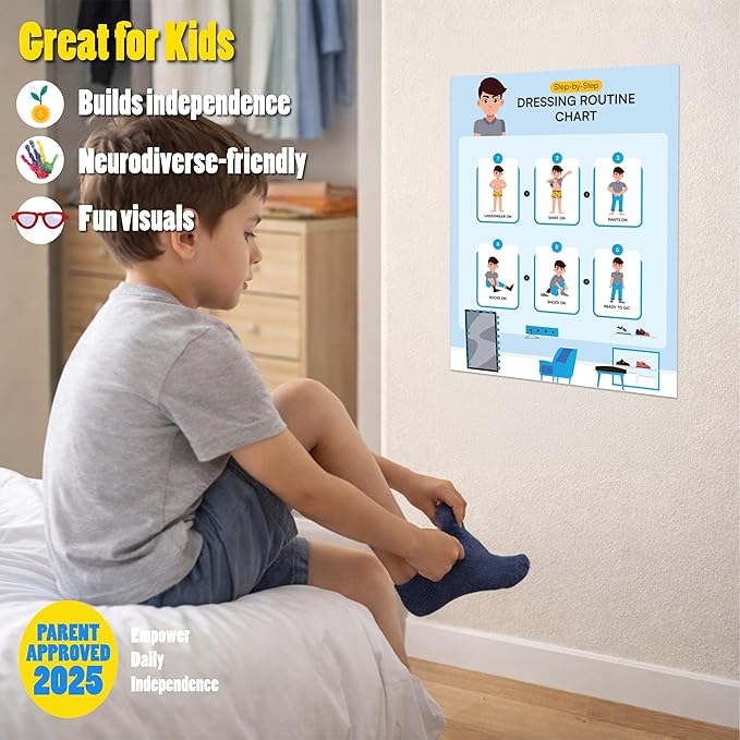 Educational Chart for Kids Step by Step Laminated 9x12 Inch for Children Self Care Visual Chart Ideal for Special Needs and Autism (Dressing Routine Chart)