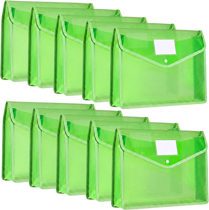 Epakh 10 Pieces Plastic File Folders Envelope Expanding File Wallet Organizer Documents Folder with Snap Closure and Pocket B4 Waterproof Transparent Pouch for School Office(Green,Horizontal)