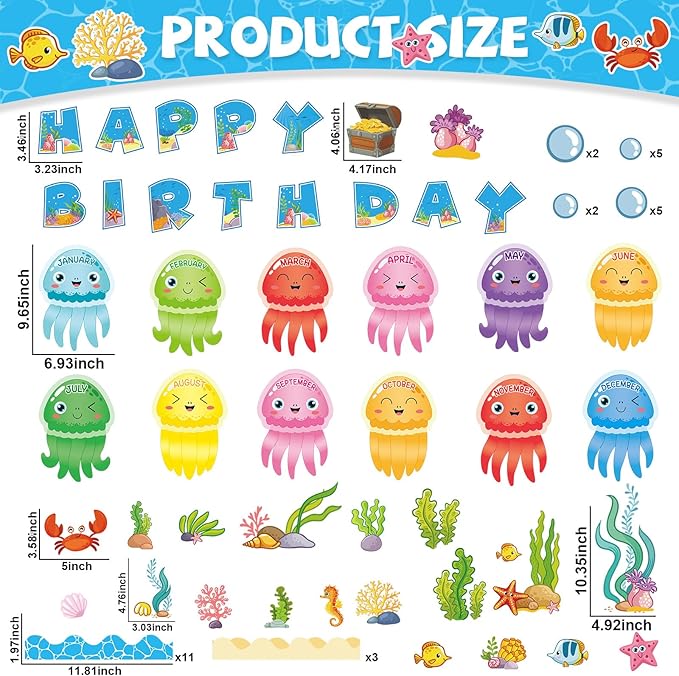 gisgfim Under The Sea Birthday Bulletin Board Decorations Ocean Theme Happy Birthday Classroom Bulletin Board Jellyfish Ocean Creatures Cutouts for School Teacher Student Door Home Wall Decor Supplies