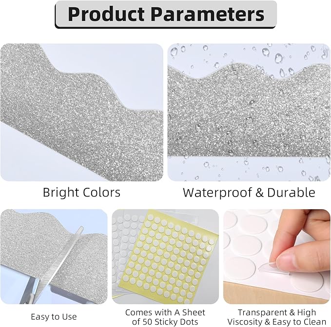 3 Rolls 98.4 Ft Glitter Bulletin Board Borders Set - Silver Bulletin Board Decorations for Classroom, Office，School Supplies & Home DIY - Perfect for Teachers, Posters & Birthday Party Decor