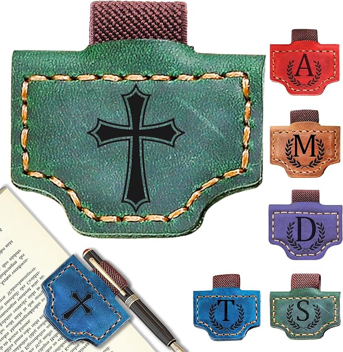 Personalized Leather Magnetic Bookmark with Pen Holder, Bookmark 26 Letters Name Initial Bookmarks for Readers, Book Lover Gifts for Women Men Notebook Accessories (Green, Cross)