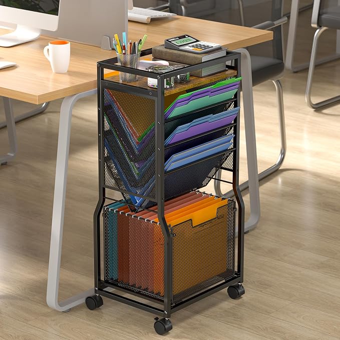 DAOUTIME 8 Tier Rolling File Cart with Hanging File Folder Organizer, Mobile File Organizer with 2 Sides Access Bookcase, Beside/Under Desk Cart with Wheels for Office Home School