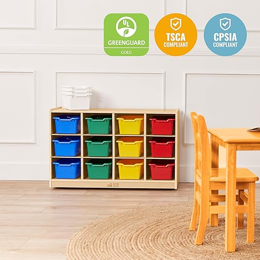 ECR4Kids 12 Cubby Mobile Tray Cabinet and 15 Scoop Front Bins, 3x4, Kids Furniture, Assorted