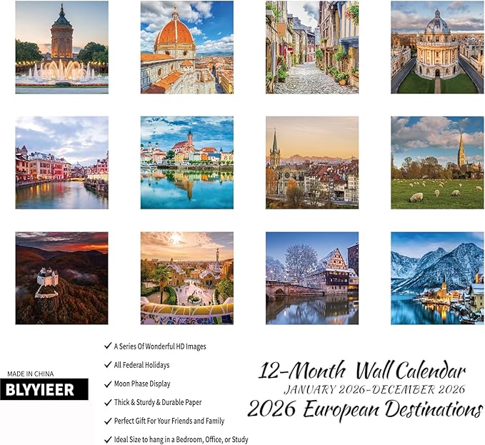European Destinations 2026 Wall Calendar | 12" x 24" Open Hangable Monthly | Thick & Sturdy Paper | Take a Tour of Europe | Family Planner Calendar