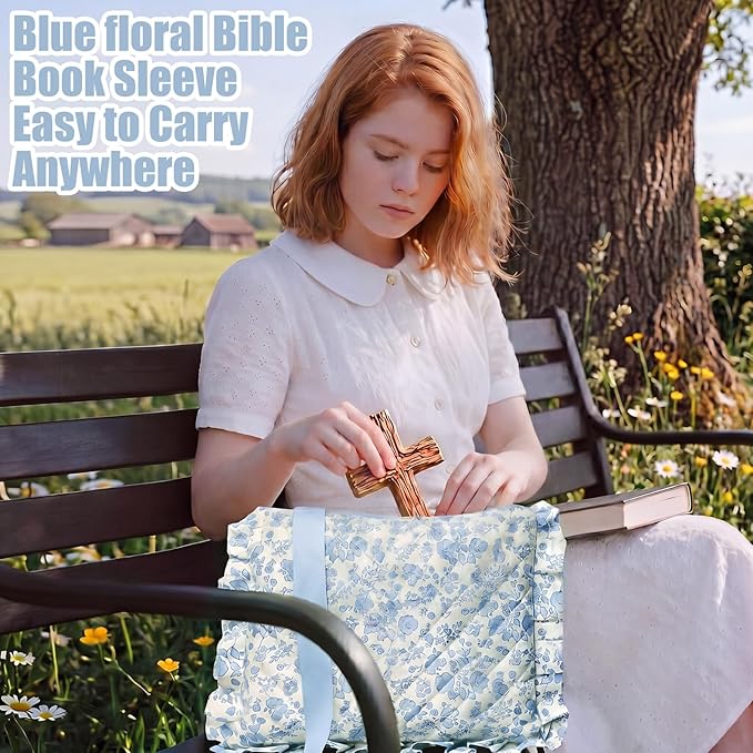 Honoson Quilted Bow Bible Sleeve Cover Case Padded Protector Washable Bible Bag Pouch Christian Gift for Women Girls Book Lover Gifts(Blue Floral Cross)