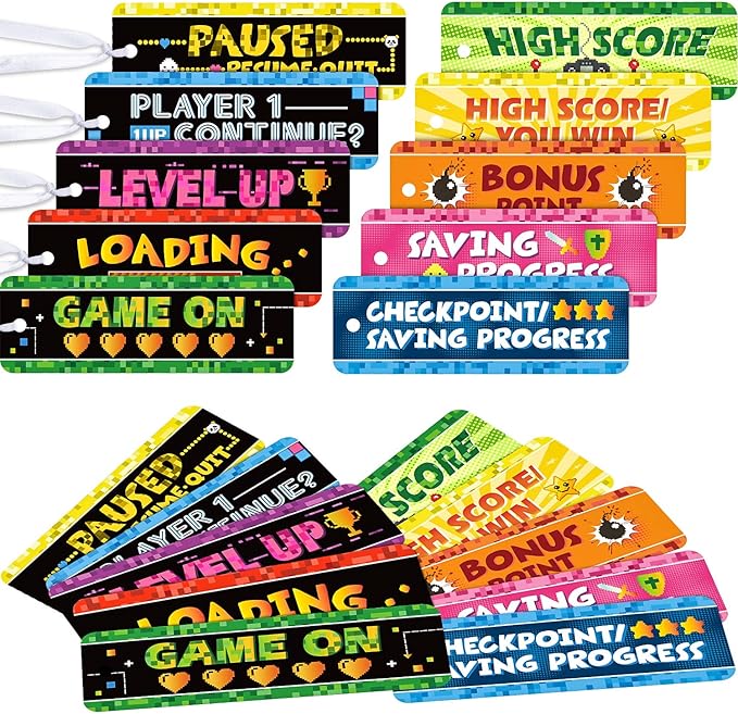 Outus 50 Video Game Bookmarks for Gamer Birthday Party, Pixelated Bookmarks for Pixelated Treat Bag Video Game Party Decoration Paper Tag Card Classroom Awards Teacher