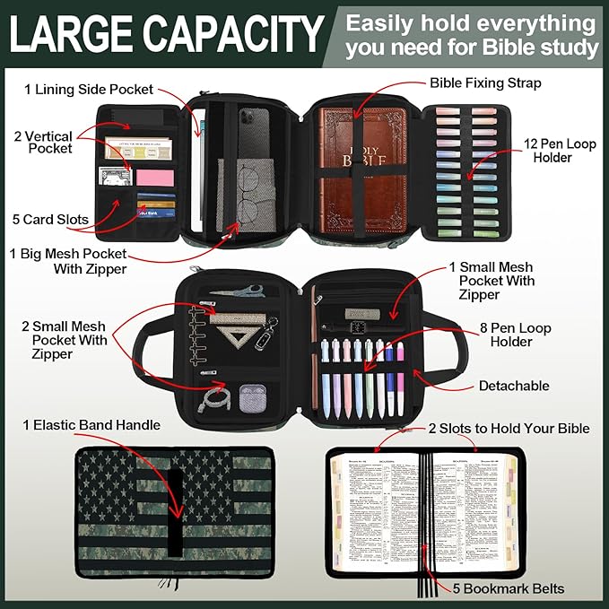 American Flag Caom Bible Cover Case for Men Boys, Large Kids Tactical Bible Carrying Book Case Church Bag, Bible Study Supplies Journaling Kit, Highlighters,Pens Cross Clips, Christian Gifts